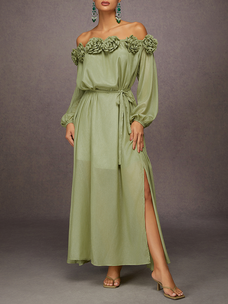 

Elegant Sheer 3D Floral Slit Maxi Dress with Belt, Green, Maxi Dresses