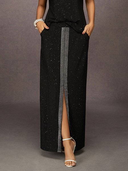 

Elegant Stamped Silver Slit Maxi Skirt, Black, Skirts
