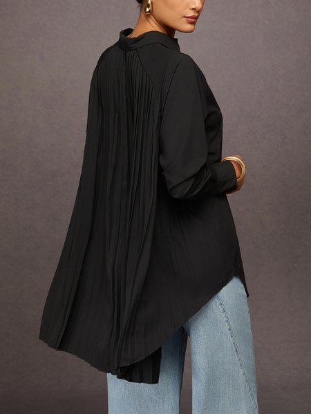Casual Pleated Shirt Collar Loose Shirt, Black, Blouses and Shirts