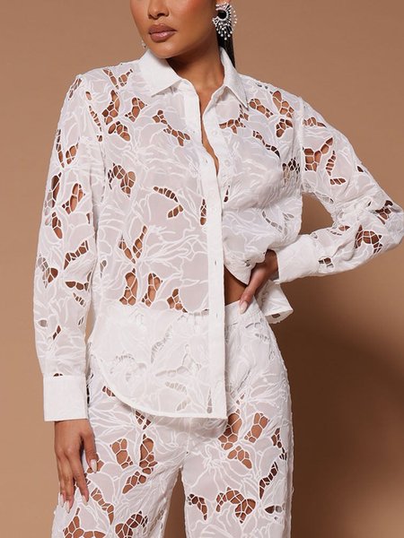 

Vacation Plain Eyelet Shirt Collar Shirt, White, Blouses and Shirts
