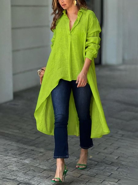 Cotton And Linen Casual Plain Irregular Craftsmanship Shirt, Green, Blouses and Shirts