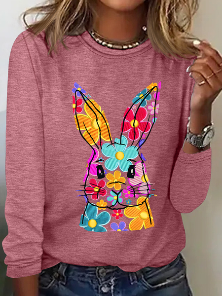 

Happy Easter Bunny Flowers Print Casual Long Sleeve Shirt, Watermelon, Long sleeves