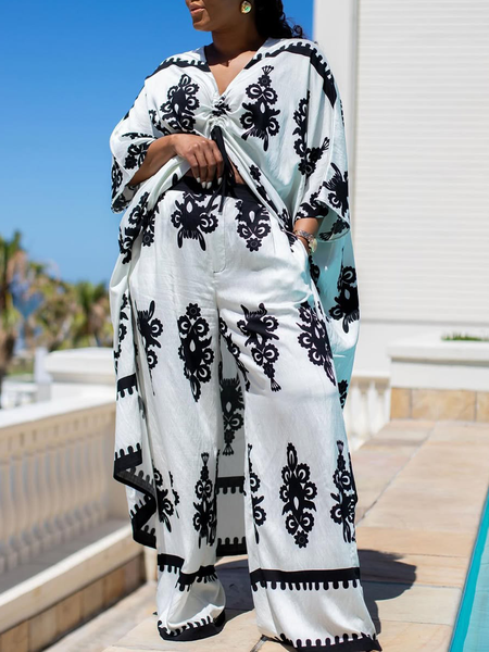 Casual Floral V Neck Dolman Sleeve Blouse, Black-white, Blouses and Shirts