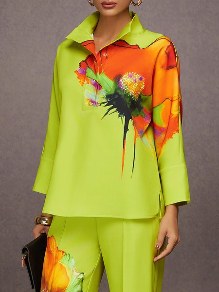 Urban Floral Printing Stand Collar Blouse, As picture, Blouses and Shirts