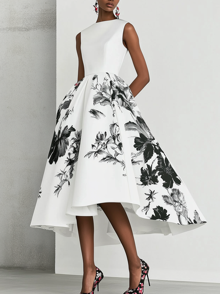 

Elegant Floral Printing Midi Dress, As picture, Midi Dresses