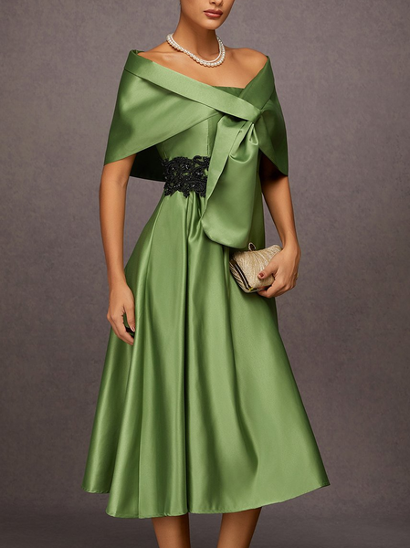 

Elegant Lace Detail Bow Strapless Satin Dress Set, Green, Two-piece Set