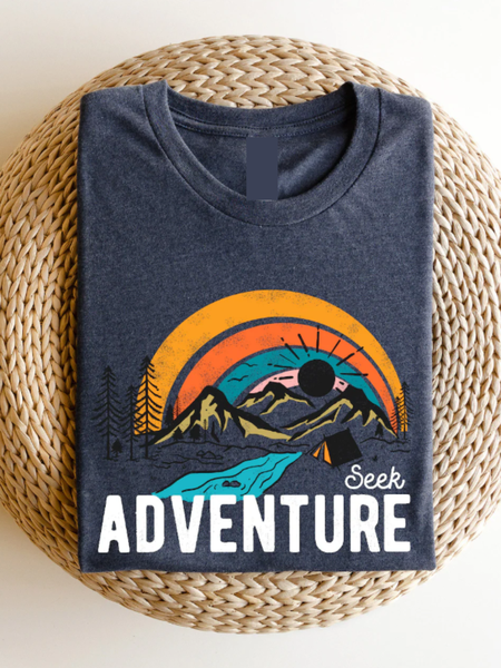Casual Landscape Painting Crew Neck Short Sleeve Comfy T-shirt, Black, T-shirts