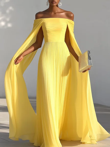 Elegant Plain Ruched Off The Shoulder Maxi Dress, Yellow, Maxi Dresses