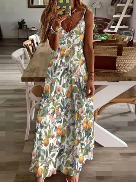 

Vacation Sundress Oranges Sling V Neck Comfy Casual Summer Maxi Dress, As picture, Dresses
