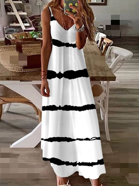 

Women Striped Sleeveless Summer Printing Dress V Neck Daily Casual Maxi Slip Dress X-Line Dress, White, Casual Dresses