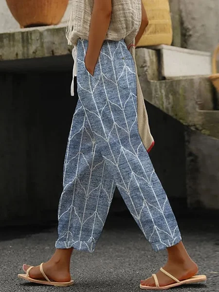Women Geometric Long Pant Casual Spring/Fall Trousers, Blue, Pants