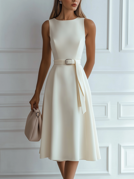 

Urban Plain Midi Dress Belt, White, Midi Dresses