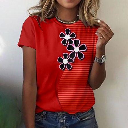 

Casual Geometric Crew Neck Short Sleeve T-shirt, Red, T-shirts