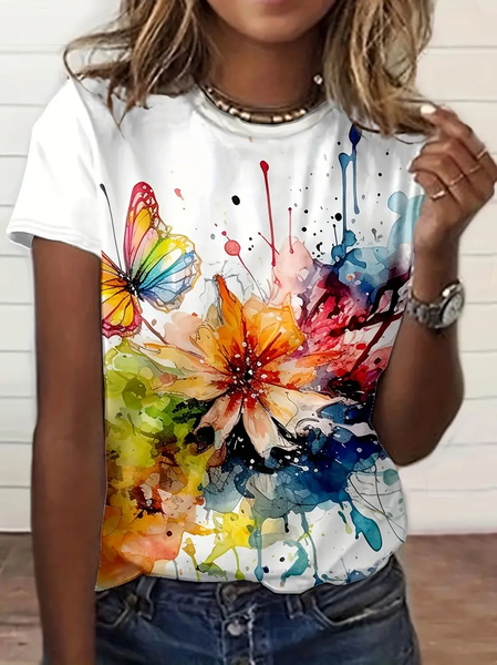 

Women Floral Short Sleeve Tee T-shirt Crew Neck Printing Casual Summer Graphic Tee Top, White, T-Shirts