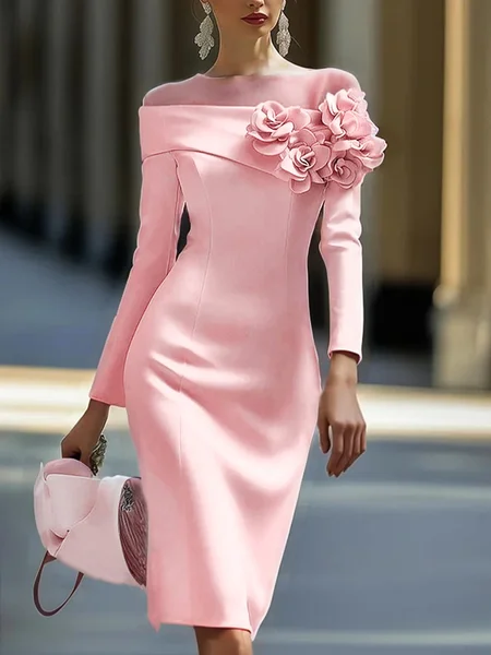 Elegant 3D Floral Crew Neck Formal Dress, Pink, Midi Dresses