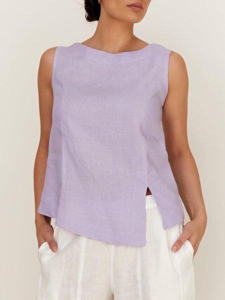 

Cotton And Linen Casual Plain Side-Slit Crew Neck Tank Top, Light purple, Tanks and Camis
