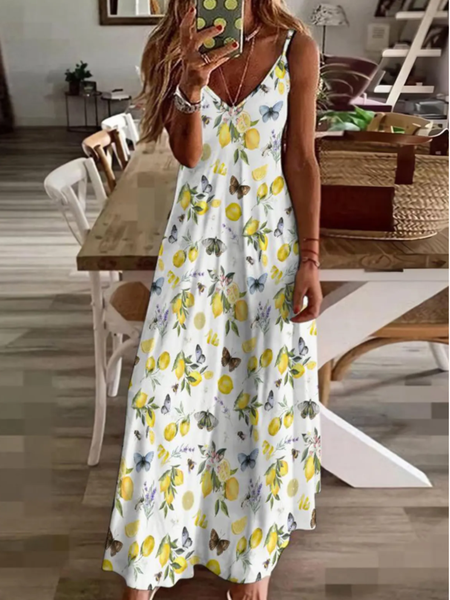 

Women Vacation Sundress Lemon Sling V Neck Comfy Casual Maxi Dress, As picture, Dresses