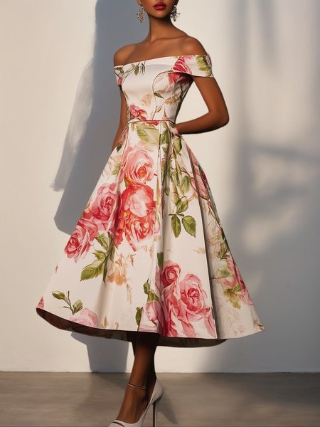 Elegant Floral Printing Off The Shoulder Maxi Dress, As picture, Maxi Dresses