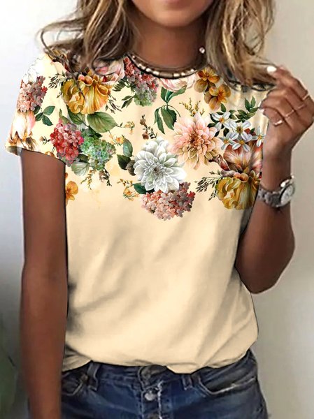 

Casual Floral Crew Neck Short Sleeve T-shirt, Khaki, T-shirts