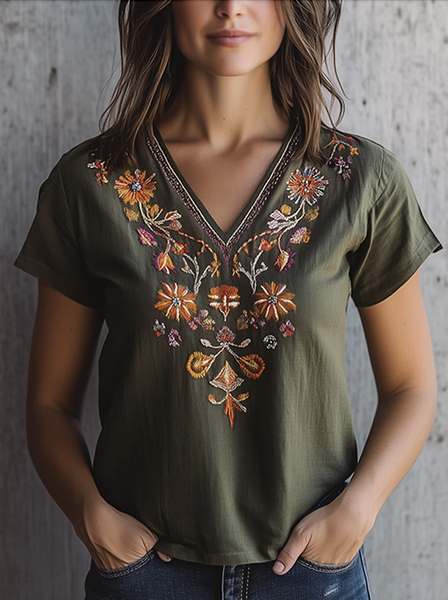 

Casual Floral V Neck Short Sleeve T-shirt, Green, T-shirts