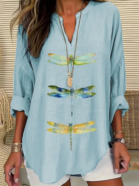 Casual Animal Shawl Collar Blouse, Blue, Blouses & Shirts