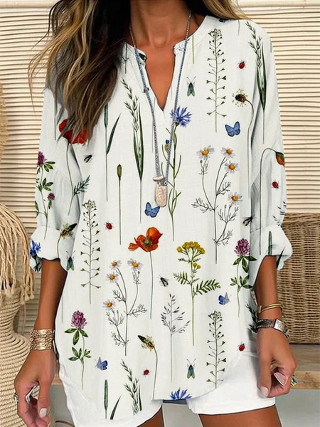 

Women's Spring Summer Floral Print Casual Long Sleeve V-Neck Shirt, White, Blouses & Shirts