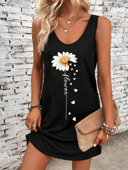 Women Floral Sleeveless Summer Printing Dress Crew Neck Daily Casual Midi Tank X-Line Dress, Black, Casual Dresses