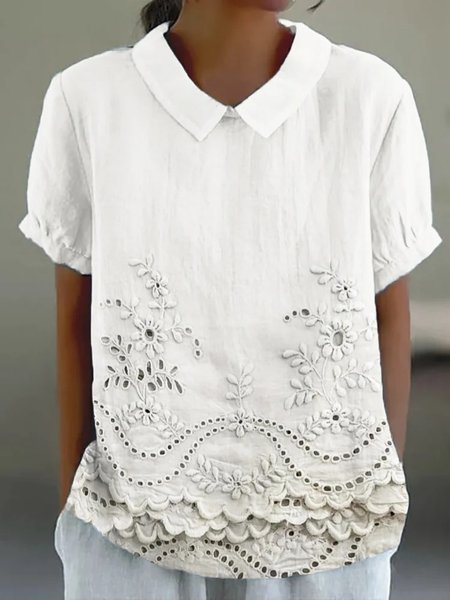 Shawl Collar Half Sleeve Plain Regular Loose Blouse For Women, White, Blouses