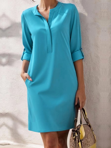 Daily Casual Plain Crew Neck Mini Dress, Blue, Mini Dresses