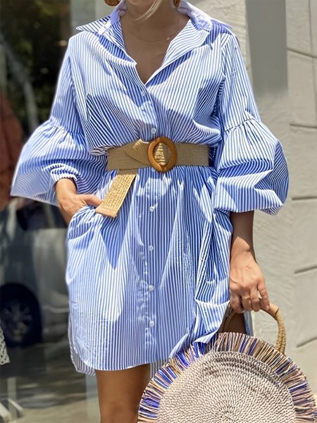 

Urban Striped Balloon Sleeve Shirt Collar Mini Dress No Belt, Blue, Mini Dresses