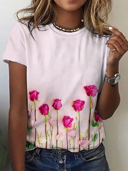 

Casual Floral Crew Neck Short Sleeve T-shirt, Pink, T-shirts