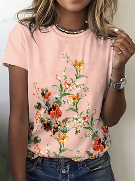 

Casual Floral Crew Neck Short Sleeve T-shirt, Pink, T-shirts