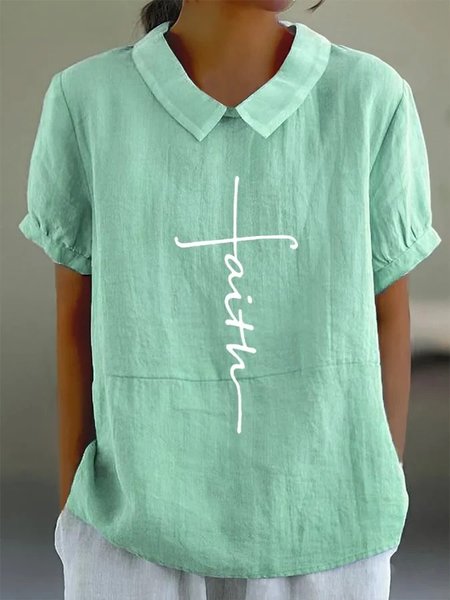Shawl Collar Half Sleeve Text Letters Regular Loose Blouse For Women, Green, Blouses