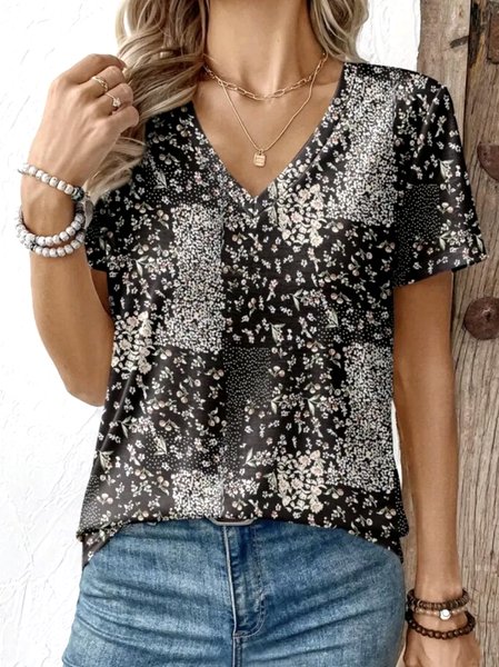 

Casual Floral V Neck Short Sleeve T-shirt, Black, T-shirts