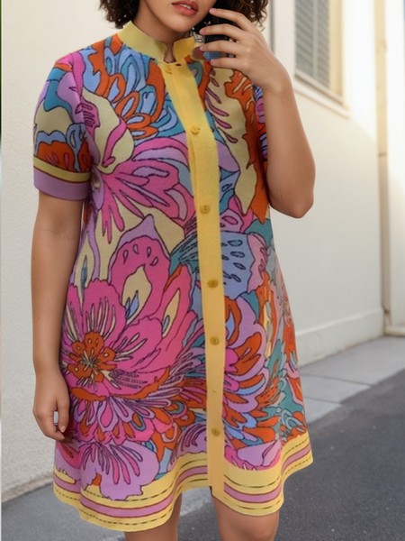 Casual Floral Printing Shirt Collar Mini Dress, As picture, Mini Dresses