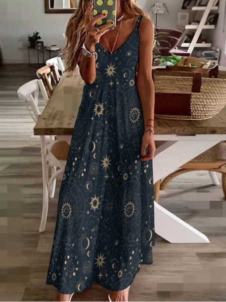 

Vacation Sundress Starry Night Art Print Sling V Neck Comfy Casual Maxi Dress, As picture, Dresses