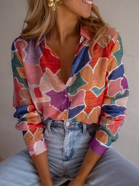 

Shirt Collar Long Sleeve Geometric Regular Micro-Elasticity Regular Fit Shirt For Women, Orange, Shirts