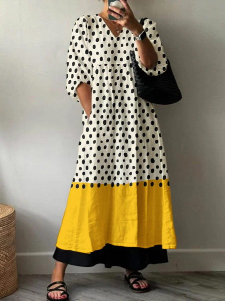 

Women Polka Dots Half Sleeve Summer Printing Dress V Neck Daily Casual Maxi A-Line Dress, As picture, Casual Dresses