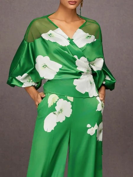 

Elegant Satin Floral Printing V Neck Blouse, As picture, Blouses and Shirts