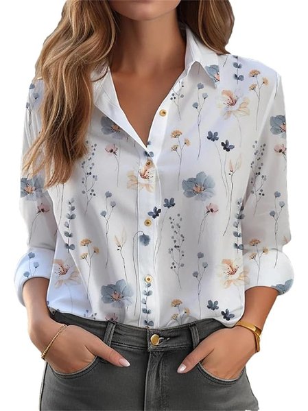 Shirt Collar Long Sleeve Floral Regular Micro-Elasticity Regular Fit Shirt For Women, White, Shirts