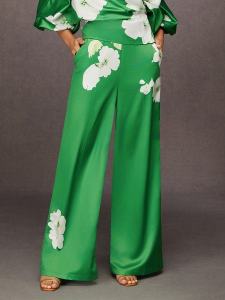 Urban Satin Floral Printing Wide Leg Pants, As picture, Pants