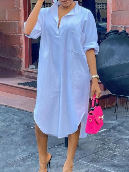 Casual Plain Stand Collar Cotton Midi Dress, White, Midi Dresses