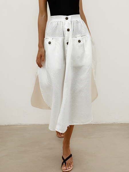 

Vacation Pocket Stitching linen-cotton Midi Skirt, White, Skirts