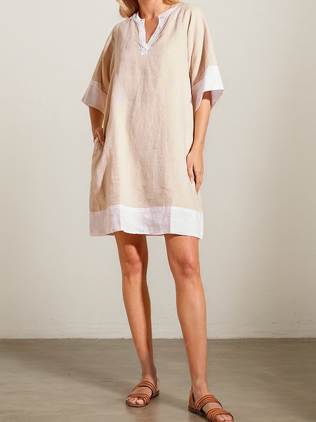 Vacation Color Block linen-cotton Mini Dress, As picture, Midi Dresses