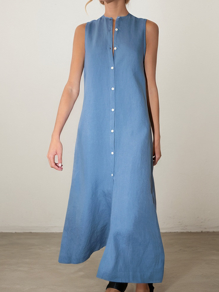 Casual Plain linen-cotton Maxi Dress, Blue, Maxi Dresses
