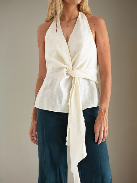 

Linen Casual Plain linen-cotton Blouse, Apricot, Tank Tops & Camis