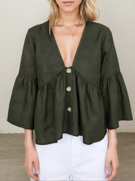 Linen Casual Plain linen-cotton Blouse, Green, Blouses & Shirts