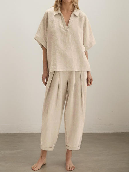 

Casual Plain Shirt Collar linen-cotton Two-Piece Set, Oatmeal, Suits