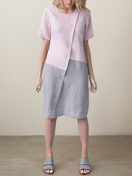 Casual Color Block linen-cotton Knee Length Dress, As picture, Midi Dresses
