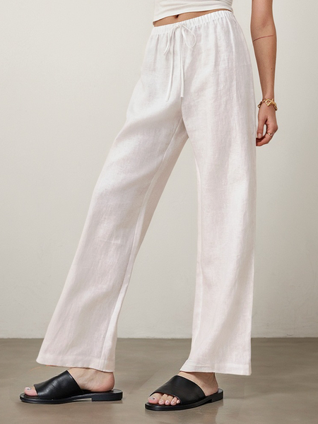 Casual Plain Straight linen-cotton Pants, White, Pants